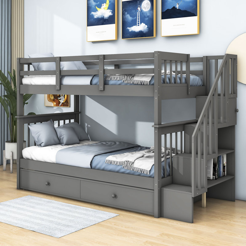 Abie Twin Over Twin Bunk Bed with Trundle and Shelves by Harriet Bee Harriet Bee Bed Frame Color Gray